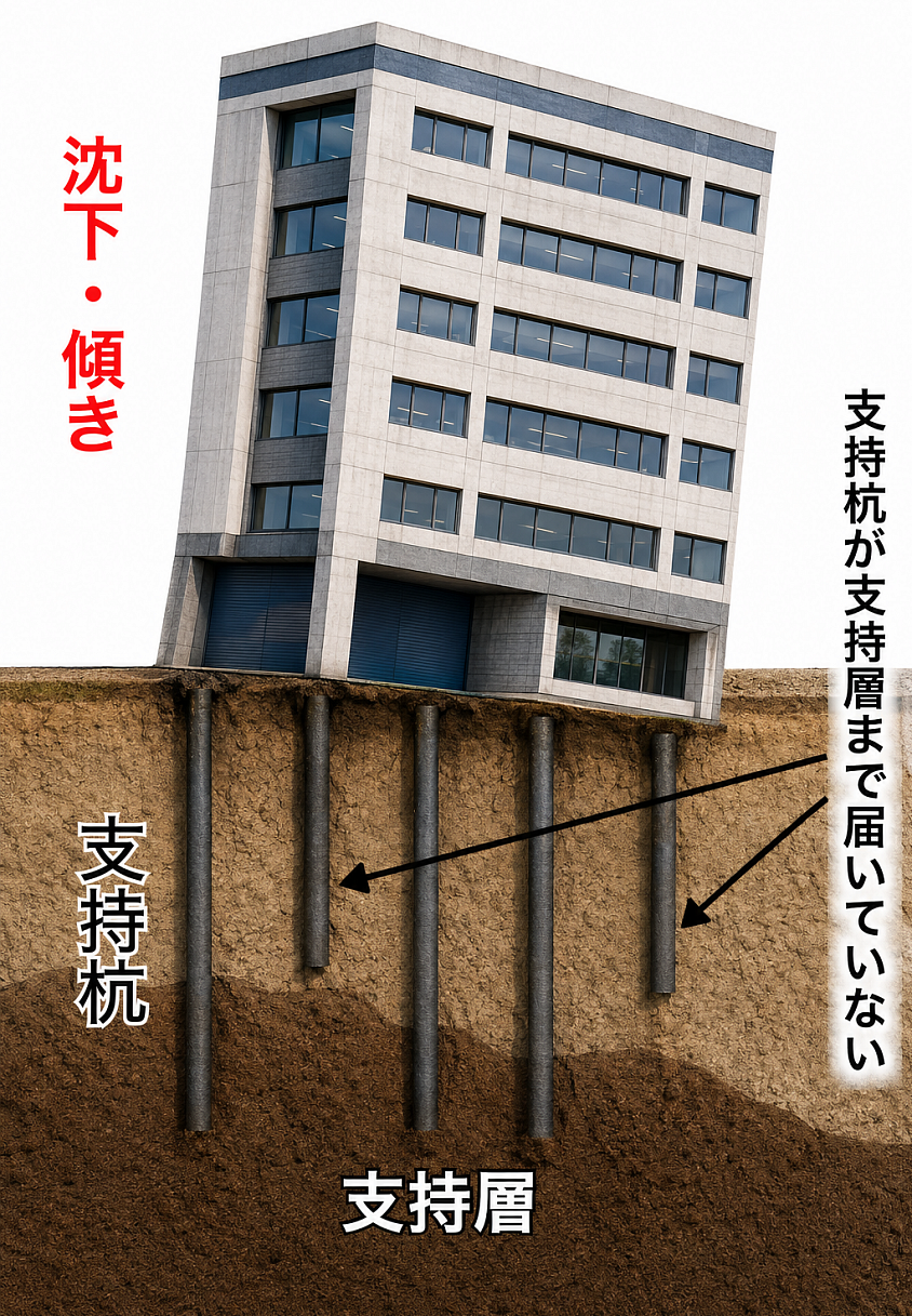 支持杭が支持層に届いておらず、その長さが足りない場合、ビルが傾きます。同様に、支持杭に例えられる足の指が地面にしっかりとついていないと、体は倒れやすくなります。